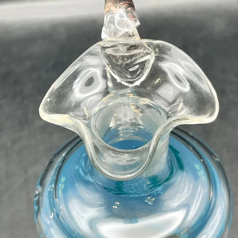 Vtg MCM Blue Frosted‎ Hand Painted Hand Blown Glass Cruet Stopper Berry As Is 7